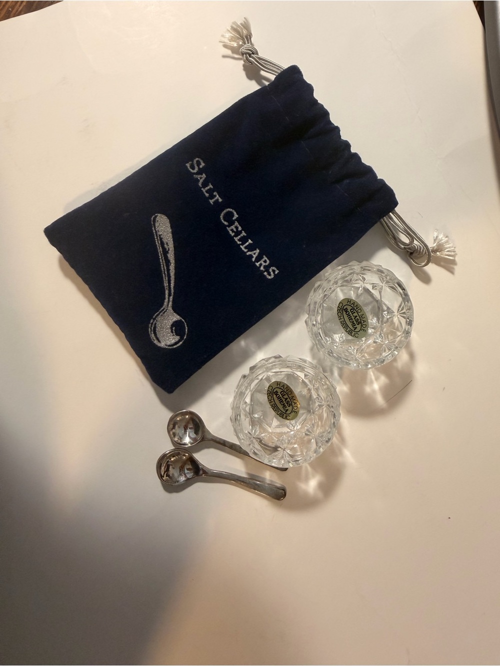 Restoration Hardware Clear Glass Salt Cellars with Navy Drawstring Pouch